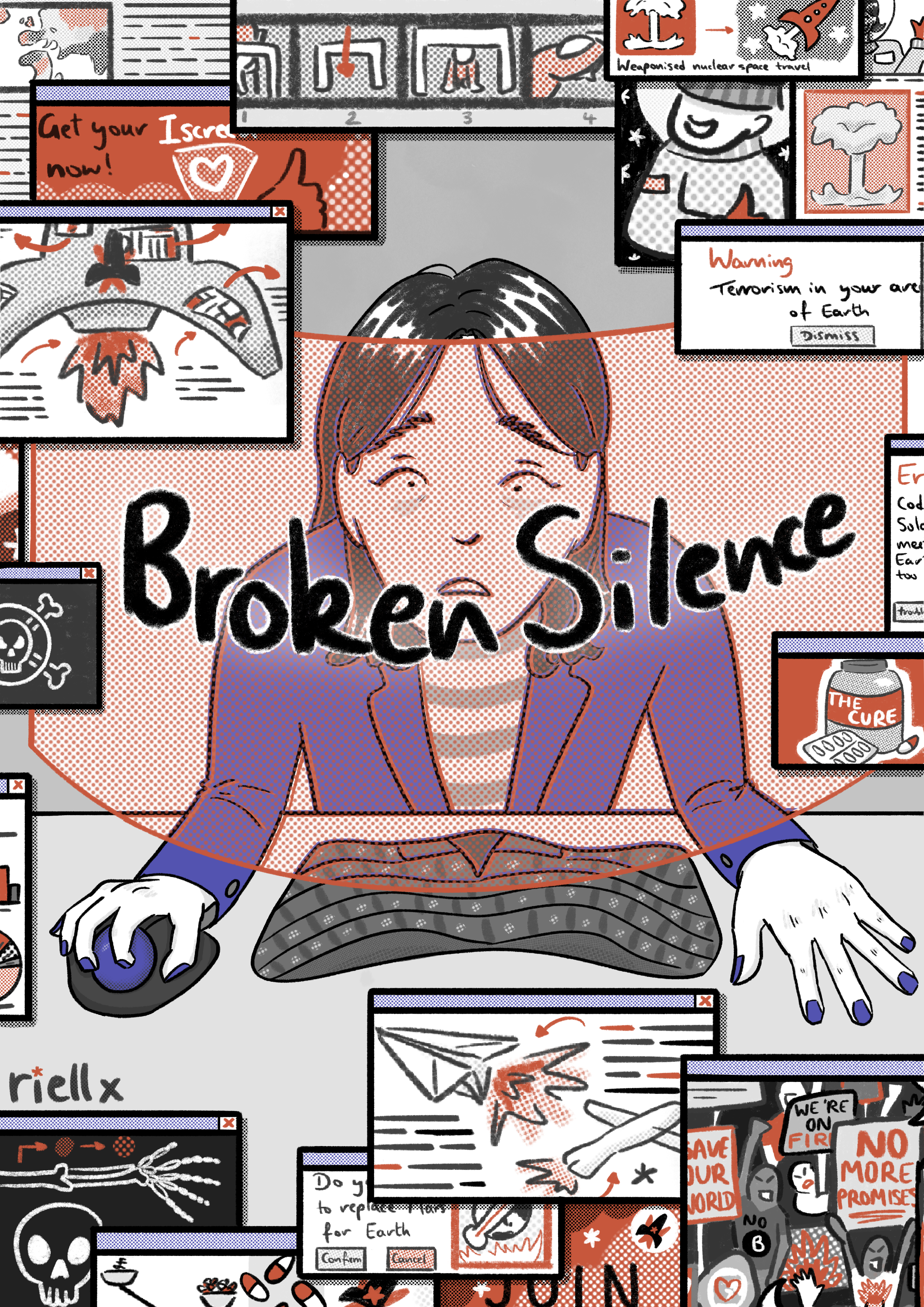 Illustration of a person using a computer, surrounded by various pop-up ads and warnings. The text "Broken Silence" is prominently displayed. The pop-ups contain illustrations of envelopes, warning triangles, and other cryptic images.