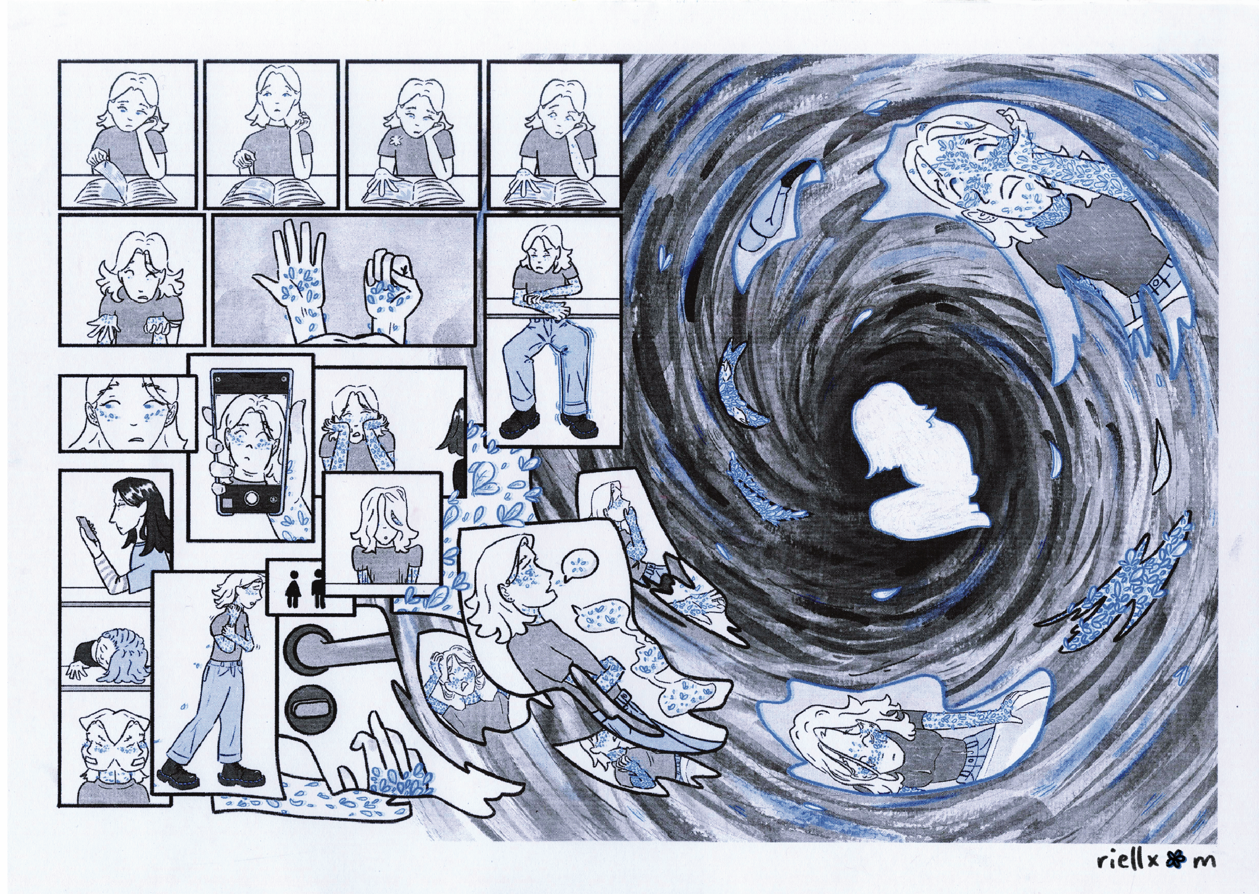 A comic strip depicts a person experiencing anxiety. Panels show their panicked expressions, trembling hands, and rapid heartbeat. The imagery culminates in a vortex of anxiety, with the person curled up at its center.